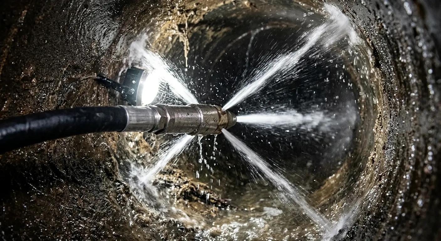High-pressure hydro jetting nozzle cleaning sewer pipe for Sewer Cleanout in Wedgefield