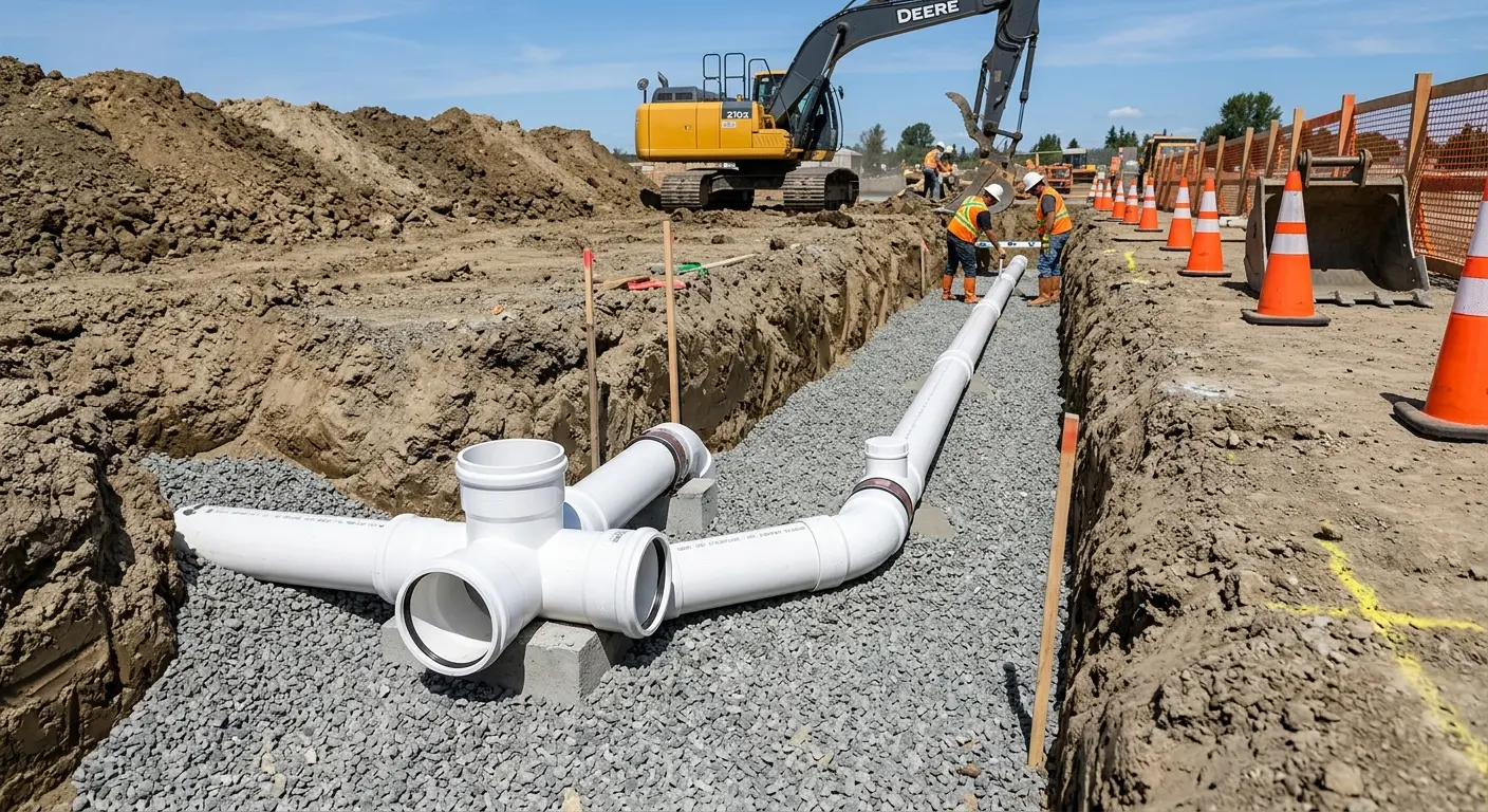 New PVC sewer pipe installation in open trench for Sewer Backup in Wedgefield