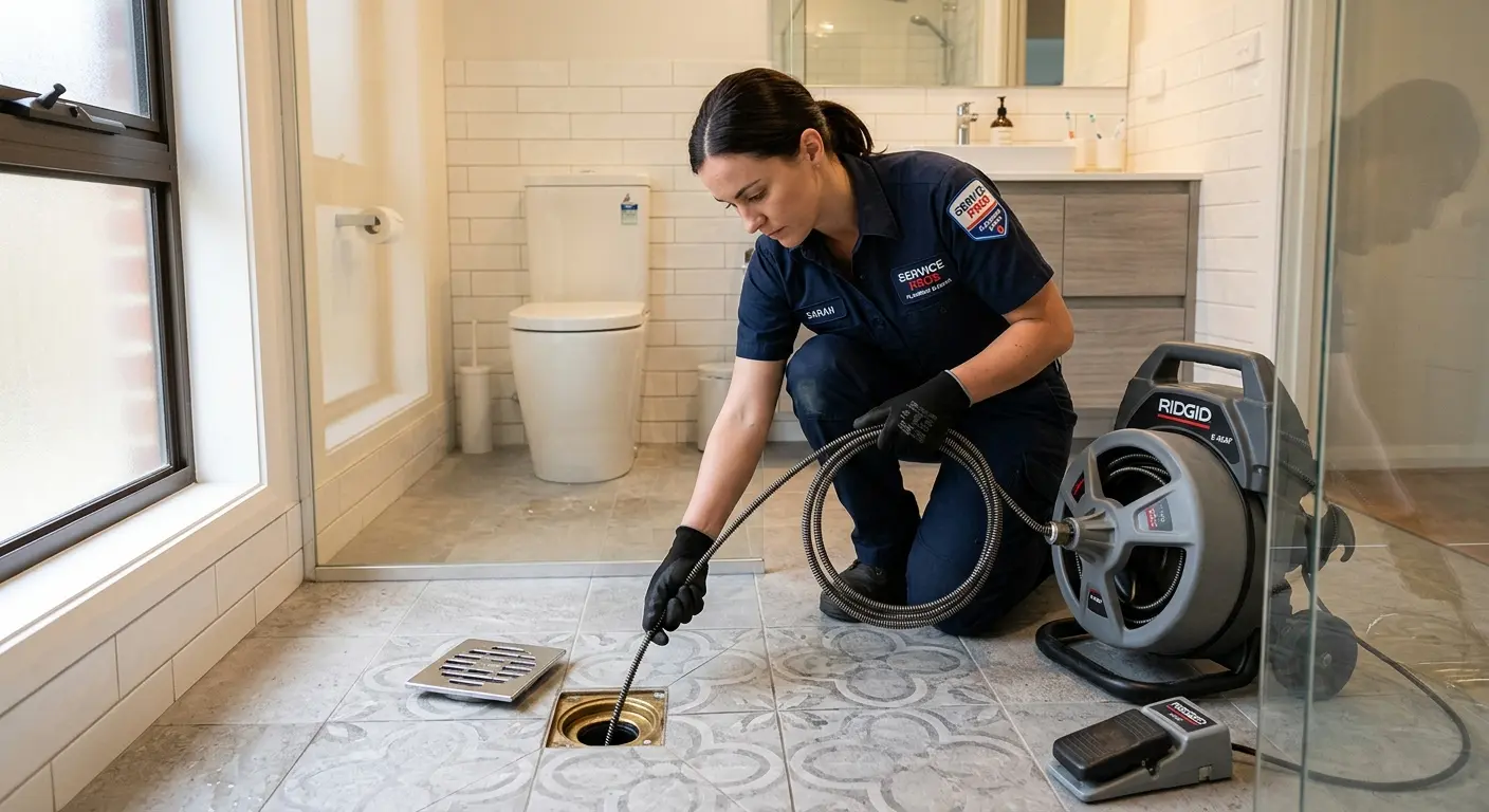 Technician clearing a bathroom floor drain for Drain Cleaning in Wedgefield